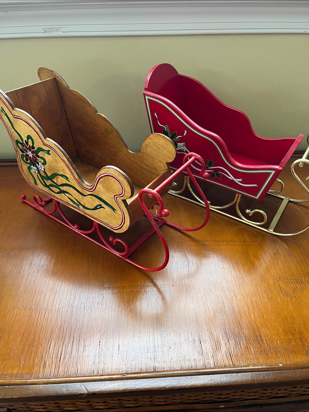 Festive Red Painted Wooden Sleighs  Holiday Decor